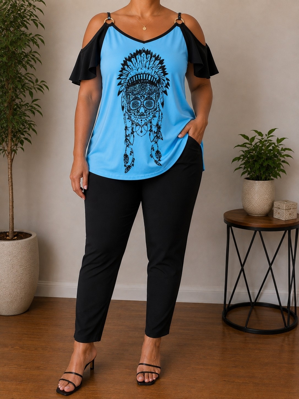 Rosegal Blue and Black Cold-Shoulder Graphic Tank Top